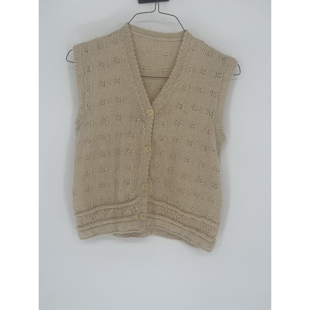 Vintage Womens Sweater Vest Cream Open Knit Button Up Cottagecore Granny No SZ.